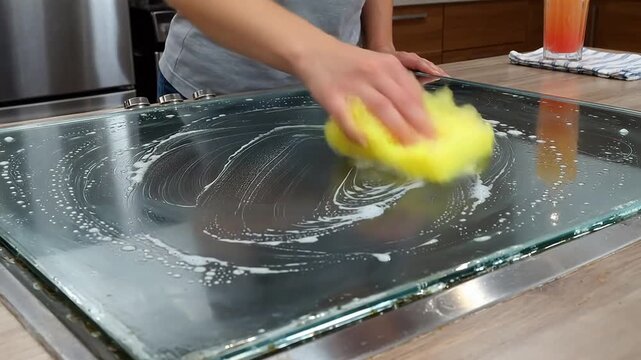 Person cleaning glass cooktop with sponge perfect for cooking tutorials and recipe showcases