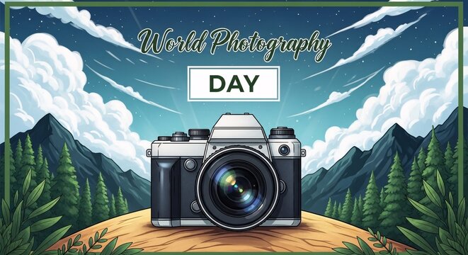 World photography day celebration with a camera on a wooden platform in a scenic mountain landscape with trees and clouds