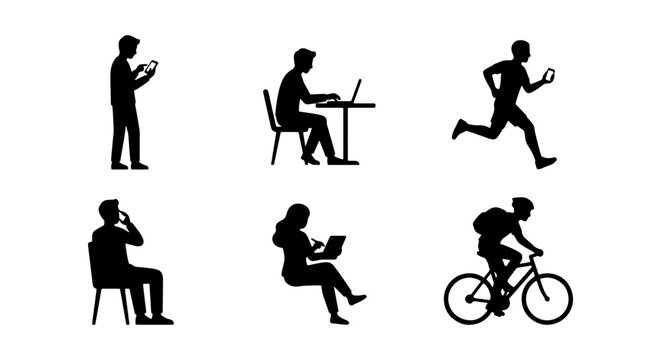 Diverse People Silhouettes, Active & Sedentary Poses, Vector Icons