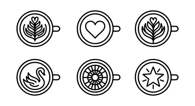 Latte Art Icons Set, Coffee Cup Designs, Beverage Top View Graphics