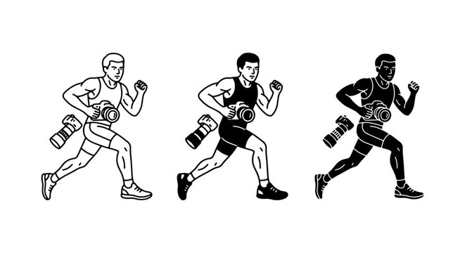 Running Photographer Vector Icons: Action Camera Sports, Photojournalist Silhouette
