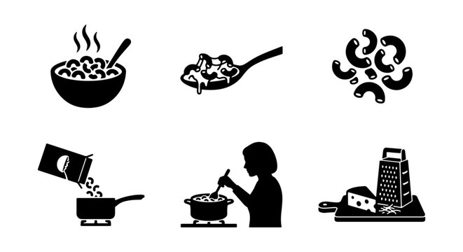 Macaroni and Cheese Icons, Pasta Cooking, Food Preparation Vector Set