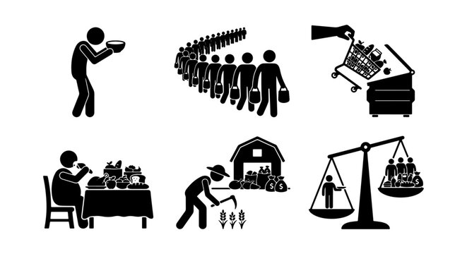 Poverty and Inequality Icons: Hunger, Lineup, Waste, Farming, Wealth Disparity
