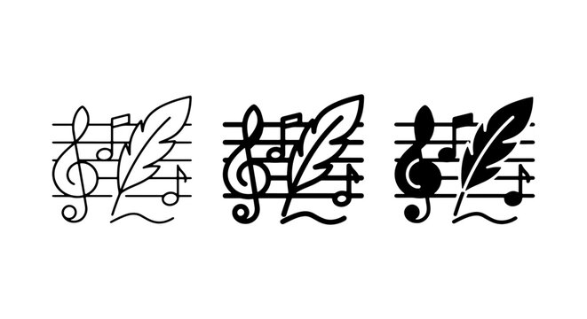 Musical Notes and Feather Pen Icons, Set of 3 Vector Graphics