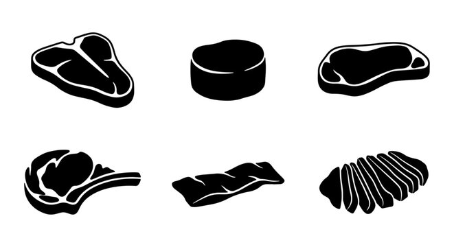 Six Black Meat Cuts Vector Icons, Butcher Shop Food Graphics, Protein Meal Icons