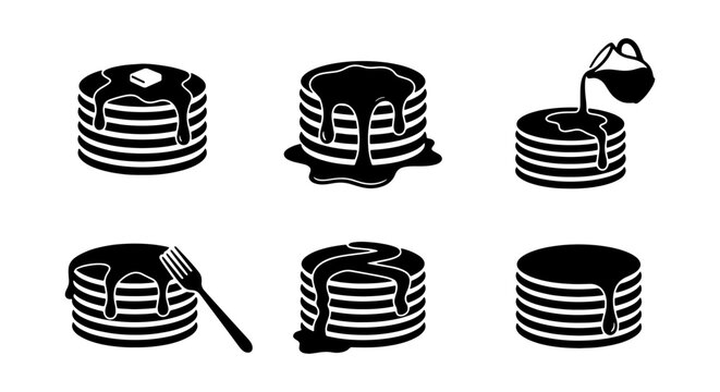 Pancake Icons Set, Stacked Breakfast Food Vector Graphics, Syrup Drizzle Illustrations