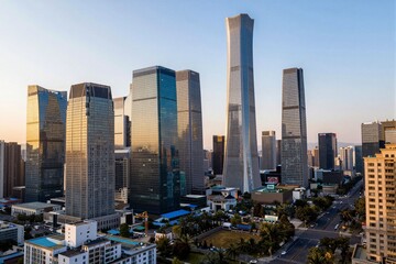 Obraz premium City skyline with modern skyscrapers at golden hour