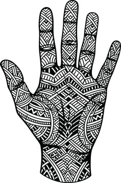 Tribal pattern hand illustration with geometric henna design with detailed graph