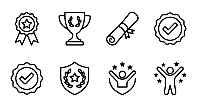 Achievement Icons Set: Award, Trophy, Diploma, Success Symbols