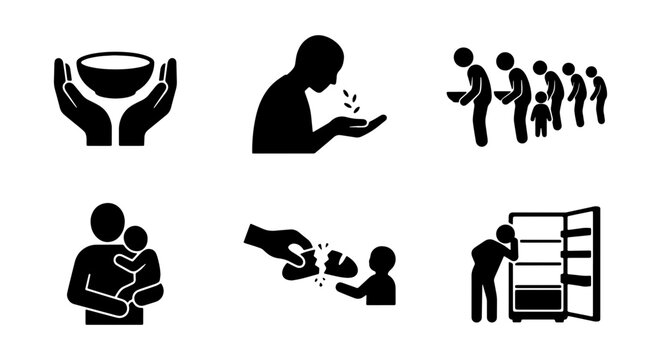 Poverty and Hunger Icons: Food Scarcity, Charity, Social Issues, Family Support