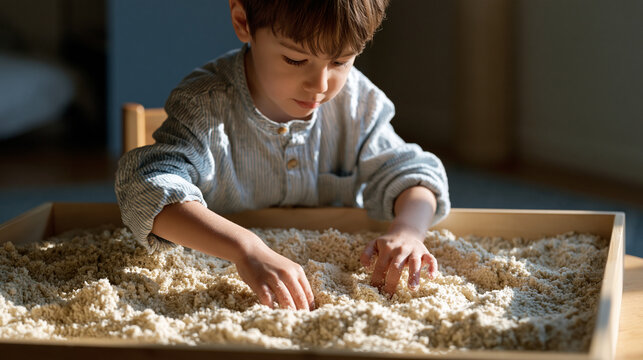 Young boy traces alphabet letters in sensory sand tray during occupational therapy session, pandemic learning gap remediation, fine motor skill catch-up, pediatric therapy technique, developmental d