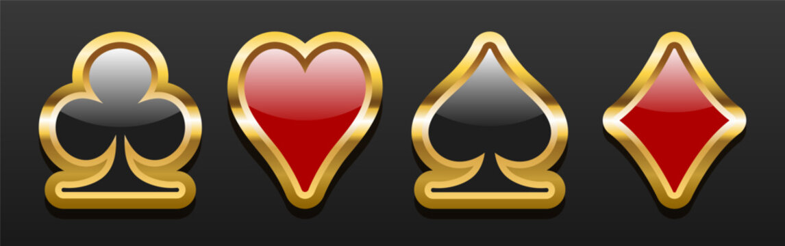 Card suit 3d icon set. Card suit in a gold frame. Vector illustration isolated on a dark background.
