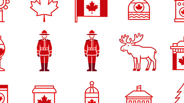A vibrant collection of Canadian-themed icons, featuring maple leaves, a flag, Mounties, and a moose, set against a clean white background.