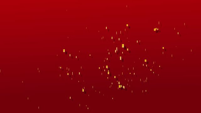 Golden particles confetti explosion animation on red background, glowing shimmering square confetti burst loop, abstract festive celebration motion graphics, cinematic luxury light effects video. 4k