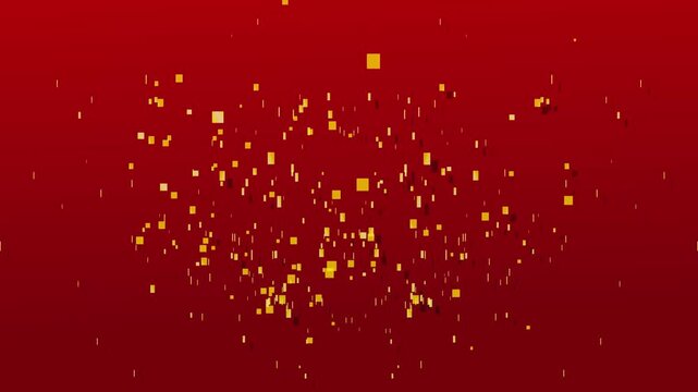 Golden particles confetti explosion animation on red background, glowing shimmering square confetti burst loop, abstract festive celebration motion graphics, cinematic luxury light effects video. 4k