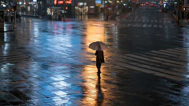 Rain-soaked urban plaza at night reflecting neon signage on wet pavement, solitary figure under umbrella crossing empty intersection, atmospheric mood, metropolitan loneliness, seasonal atmosphere u