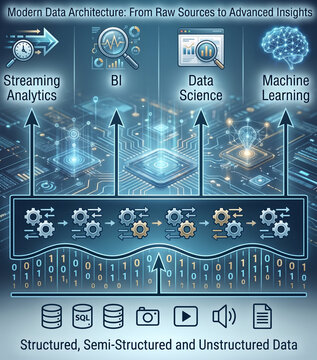 Modern data architecture infographic showing processing from raw sources to advanced insights like machine learning and BI