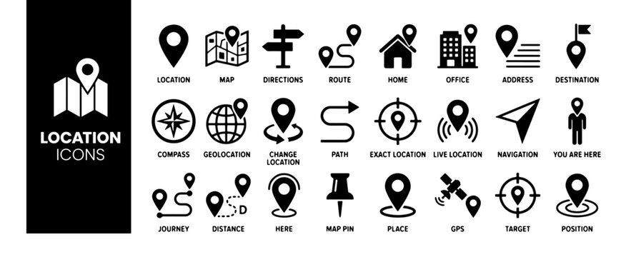 Location icon set with map, pin, navigation, distance, direction and address symbols in solid vector style.