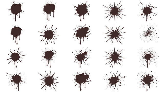 Dynamic collection of abstract liquid splatter silhouettes, messy paint drips, and grunge ink blot textures for graphic design projects
