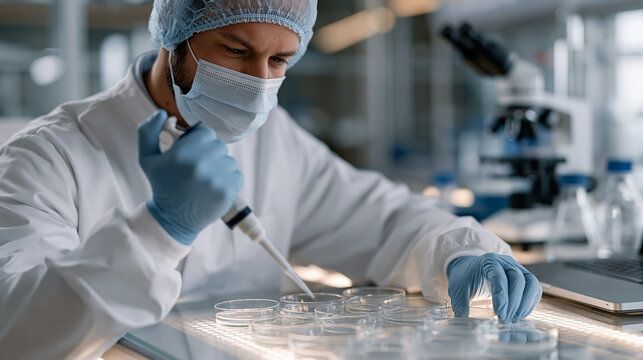 Laboratory scientist in full sterile gown pipetting sample cultures into petri dishes arranged in precise grid on illuminated bench surface, gut microbiome research facility with microscope and sequ