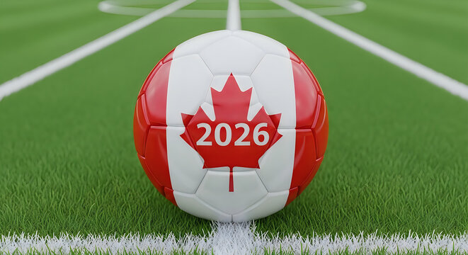 Soccer ball with Canadian flag and 2026 text on a green grass field