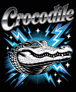 A stylized graphic design featuring a detailed black and white illustration of an alligator's head