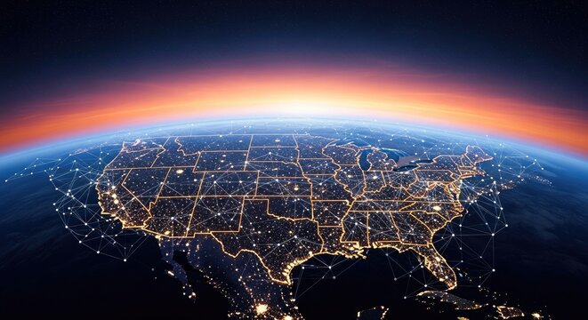 United states network connection from space with sunrise horizon