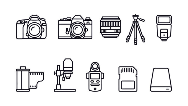 Minimalist photography equipment icon set line art