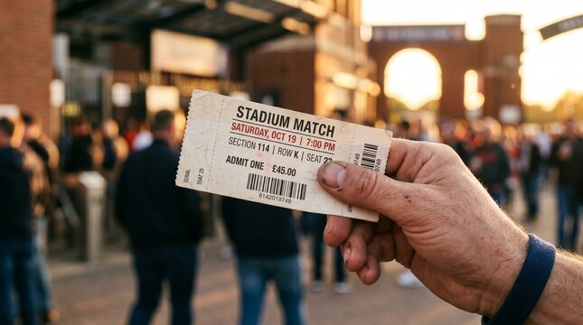 Man holding a stadium match ticket for Saturday October 19th at 7 00 PM with a crowd in the background