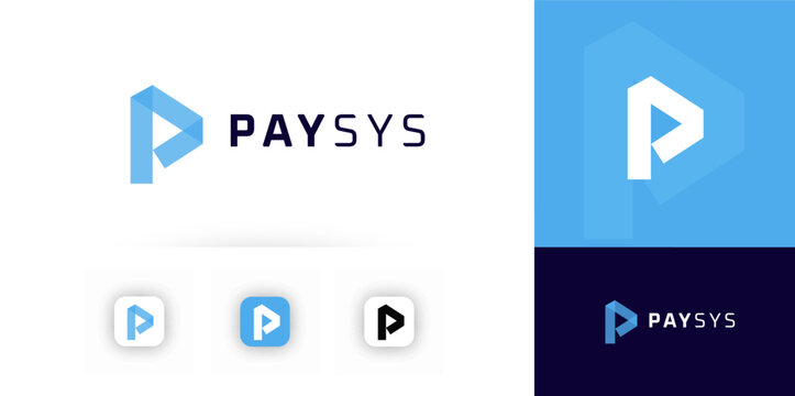 Payment fintech logo, Paysys play letter P mark, digital banking brand identity, mobile wallet app icon, startup company sign. Minimal geometric Vector illustration.