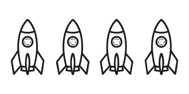 Four outline rocket icons with circular windows isolated on a transparent background for web usage.