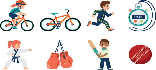 Children active lifestyle sports activities flat vector illustration set with cycling running karate boxing and cricket © MST HASMOTARA