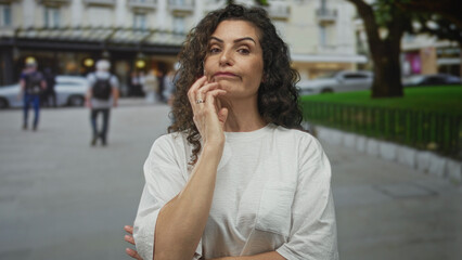 Fototapeta premium Hispanic woman wearing a loose white shirt with hand on chin and arms crossed on busy city street; concern.