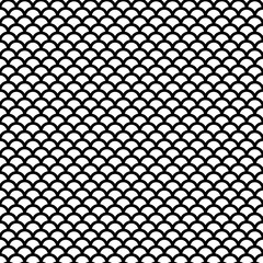 Fish scale wallpaper. Asian traditional ornament with repeated scallops. Repeated black curves on white background. Seamless surface pattern design with semicircles. Grid motif. Digital paper. Vector. © funkyplayer
