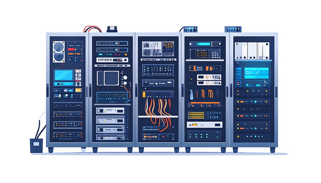 Modern server rack with blinking lights and cables, data center equipment, technology infrastructure, networking hardware, secure storage