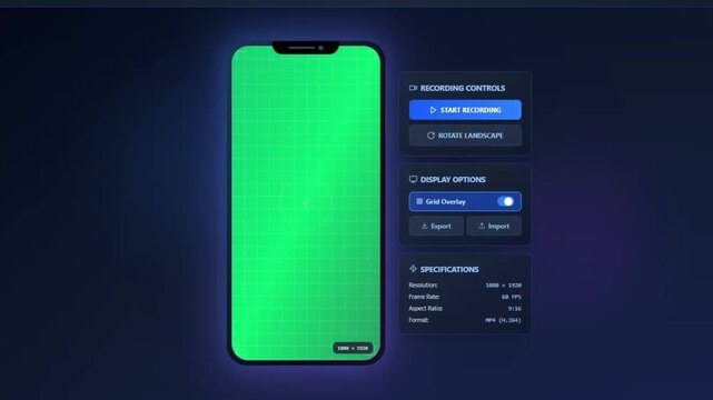 Green screen smartphone mockup with recording controls, mobile phone display with chroma key screen, digital app interface for video editing