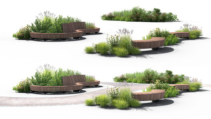 Fototapeta premium Rendered compositions of flowerbeds and park benches. Elements of sustainable architecture. Isolated on white and transparent background