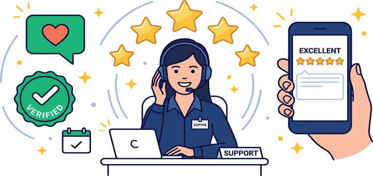 Customer support representative receiving five star rating and excellent feedback on smartphone flat vector illustration concept