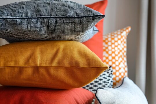 Modern interior design showcasing a stack of colorful cushions with vibrant hues and patterns, creating a cozy and stylish atmosphere
