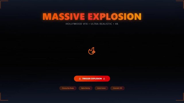 Massive explosion cinematic video interface, Hollywood VFX ultra realistic fire effect, trigger explosion button for action movie production