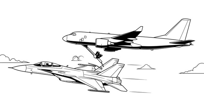 Air-to-Air Refueling: A dynamic illustration showing the precision of mid-air refueling of a fighter jet from a larger tanker, showcasing aviation technology and aerial teamwork.