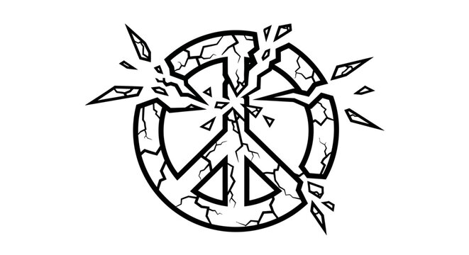 Shattered Peace: A striking emblem symbolizing the breakdown of peace, with a cracked peace sign, suggesting conflict and the fragility of harmony.