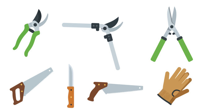 Gardening Tools Collection: Pruners, Saw, Knife, and Gloves