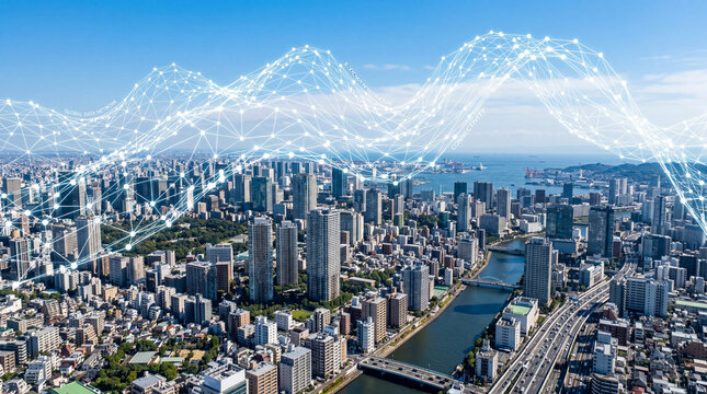 Aerial view of modern city with glowing wireless network wave lines over skyline and sea