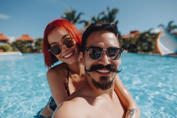 Obraz premium Man and woman smiling and posing in resort swimming pool