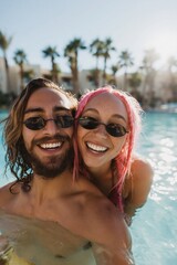 Obraz premium Young couple posing and smiling in resort pool with palms