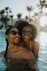 Obraz premium Young couple sharing joyful moment in sunlit resort pool water