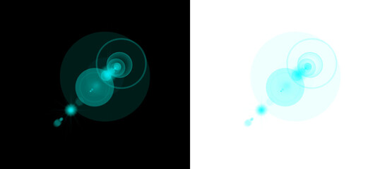 Abstract cyan light effect with lens flares and optical reflection for realistic glowing lights on black and transparent background. © Design_Tree1