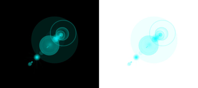 Abstract cyan light effect with lens flares and optical reflection for realistic glowing lights on black and transparent background.