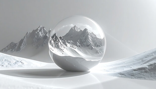 monochromatic mountain landscape reflected in a glass sphere on a snowy terrain, abstract winter scene, surreal environment